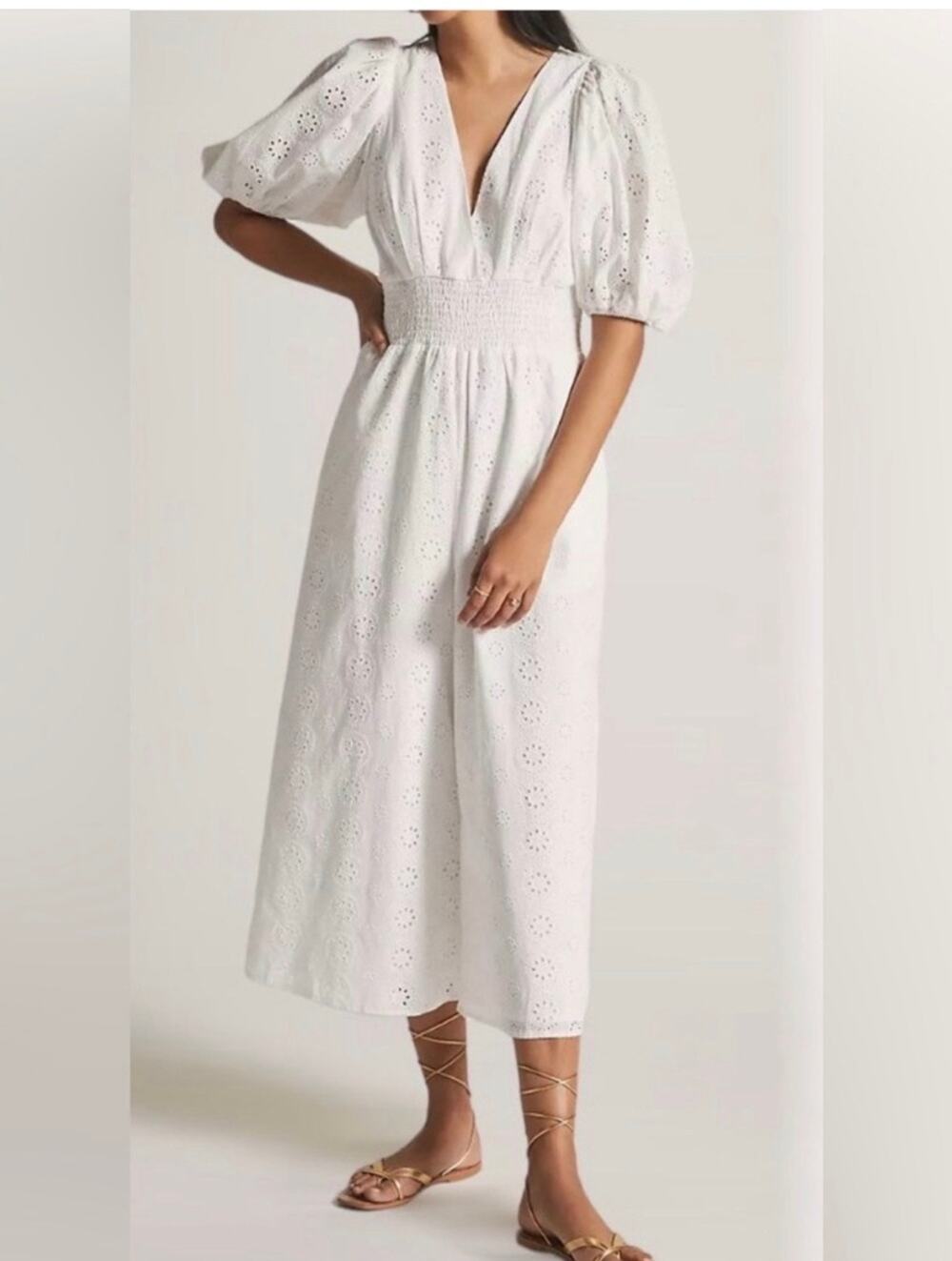 Anthropologie Hutch White Eyelet Smocked Romantic Jumpsuit in White, Small